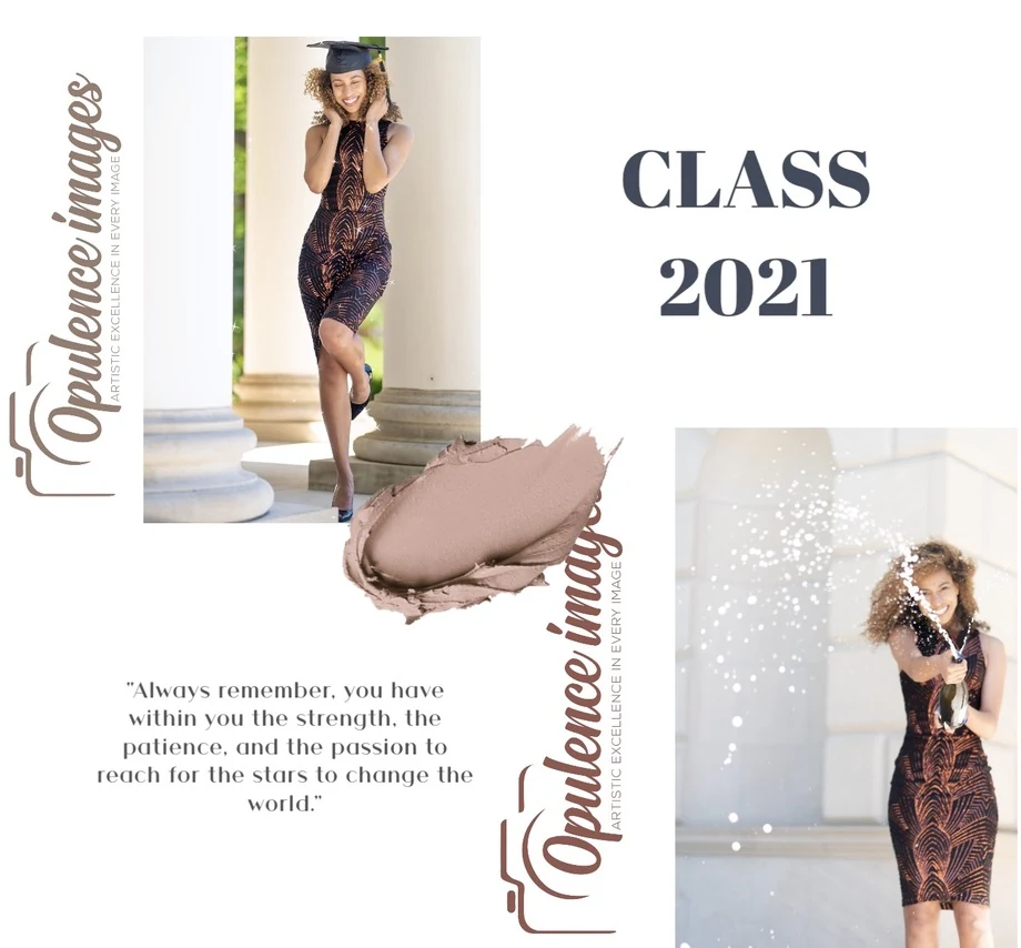 Class of 2021 graduation editorial layout with two portraits of Claire Ofotokun (COFO) and Opulence Images branding.