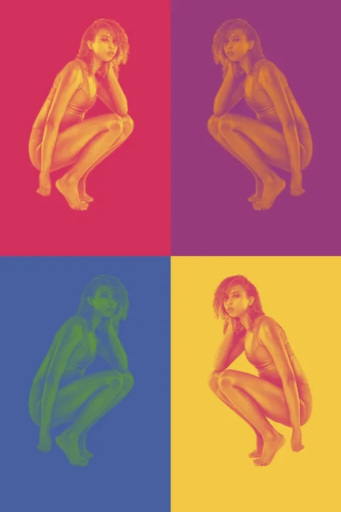 Four-panel modeling composition of Claire Ofotokun (COFO) treated in pink, purple, blue and yellow.