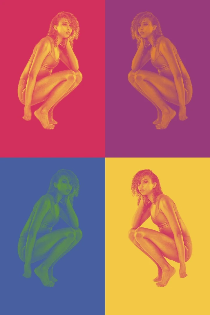Four-panel modeling composition of Claire Ofotokun (COFO) treated in pink, purple, blue and yellow.