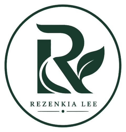 Rezenkia Lee circular botanical monogram and name in evergreen on a transparent background.