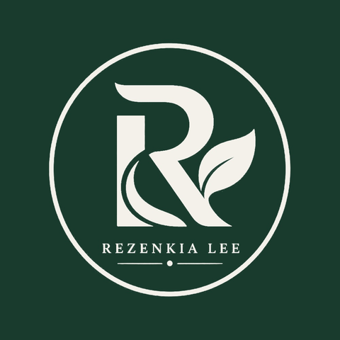 Rezenkia Lee ivory circular badge presented on an evergreen square.