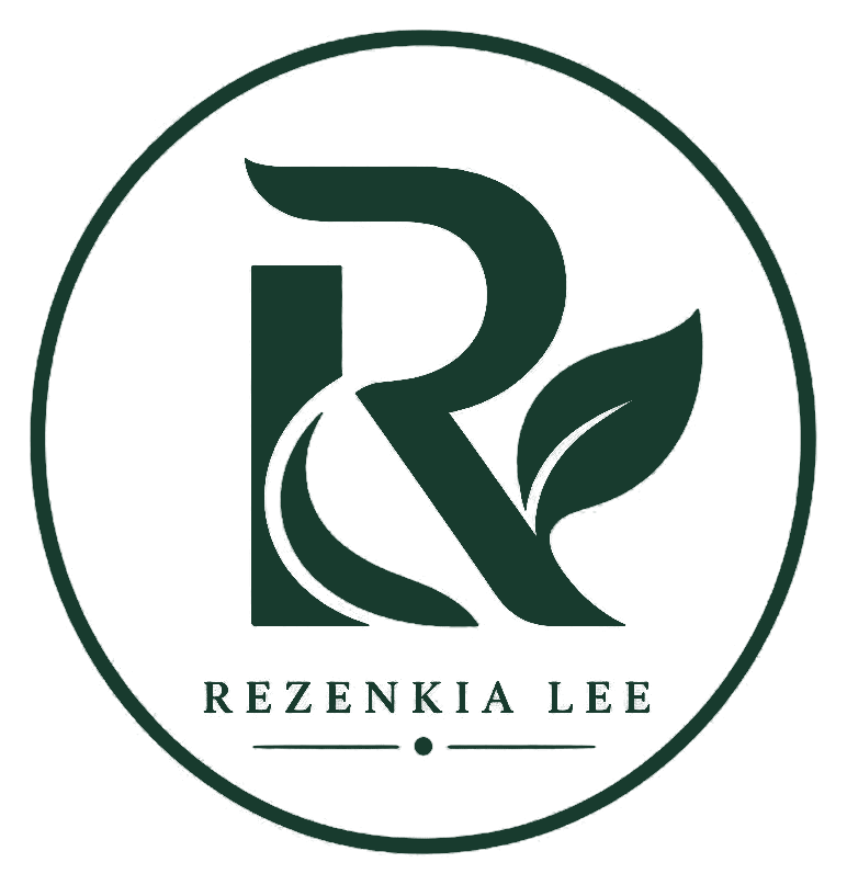 Rezenkia Lee circular botanical monogram and name in evergreen on a transparent background.