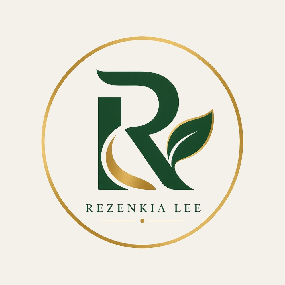 Rezenkia Lee evergreen botanical monogram inside a gold circular border on ivory.
