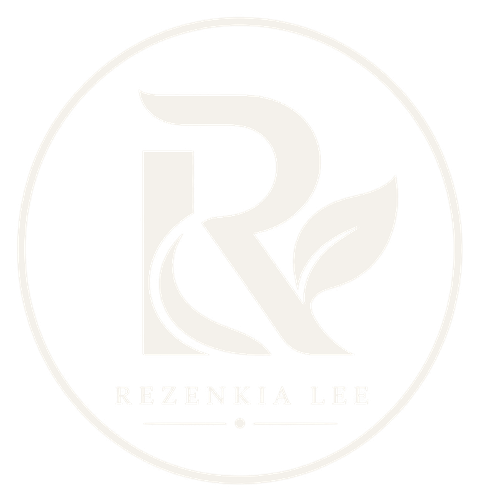 Rezenkia Lee circular botanical monogram and name in ivory on a transparent background.