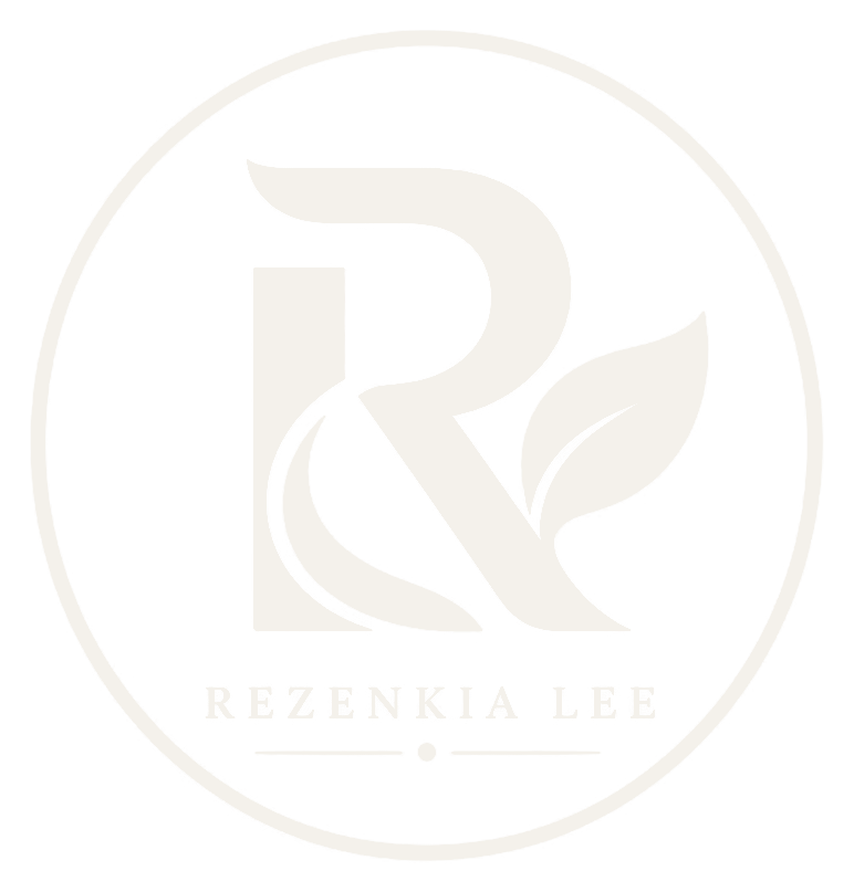 Rezenkia Lee circular botanical monogram and name in ivory on a transparent background.