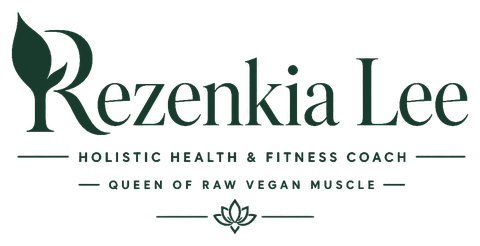 Rezenkia Lee evergreen wordmark with Holistic Health and Fitness Coach and Queen of Raw Vegan Muscle lines, on transparency.