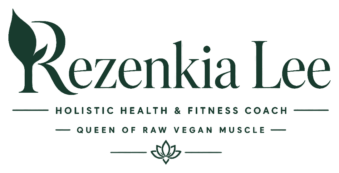 Rezenkia Lee evergreen wordmark with Holistic Health and Fitness Coach and Queen of Raw Vegan Muscle lines, on transparency.