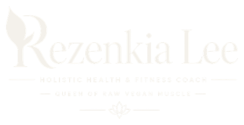 Rezenkia Lee ivory wordmark with Holistic Health and Fitness Coach and Queen of Raw Vegan Muscle lines, on transparency.