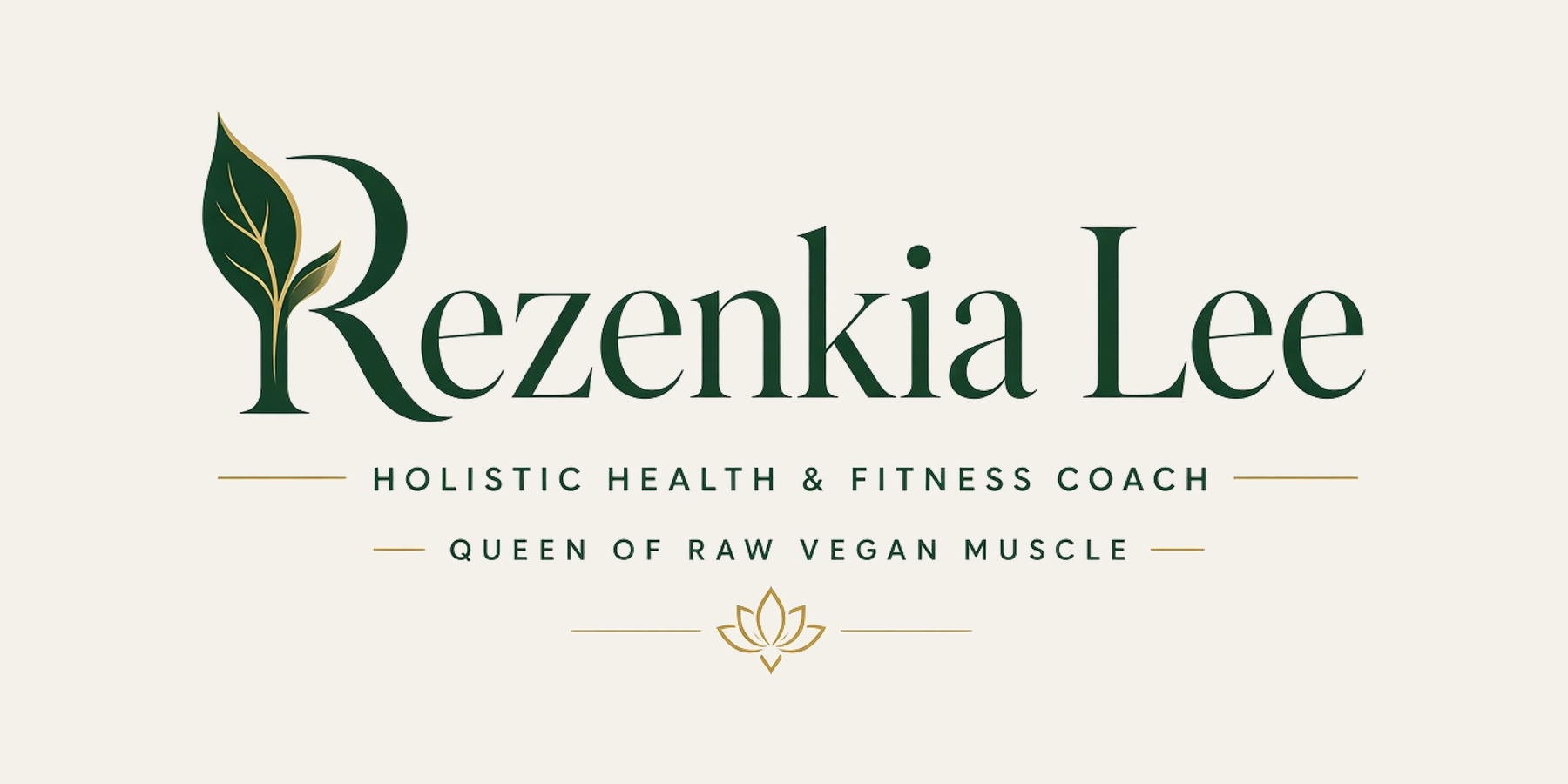 Rezenkia Lee evergreen coaching wordmark with gold botanical detail on an ivory background.