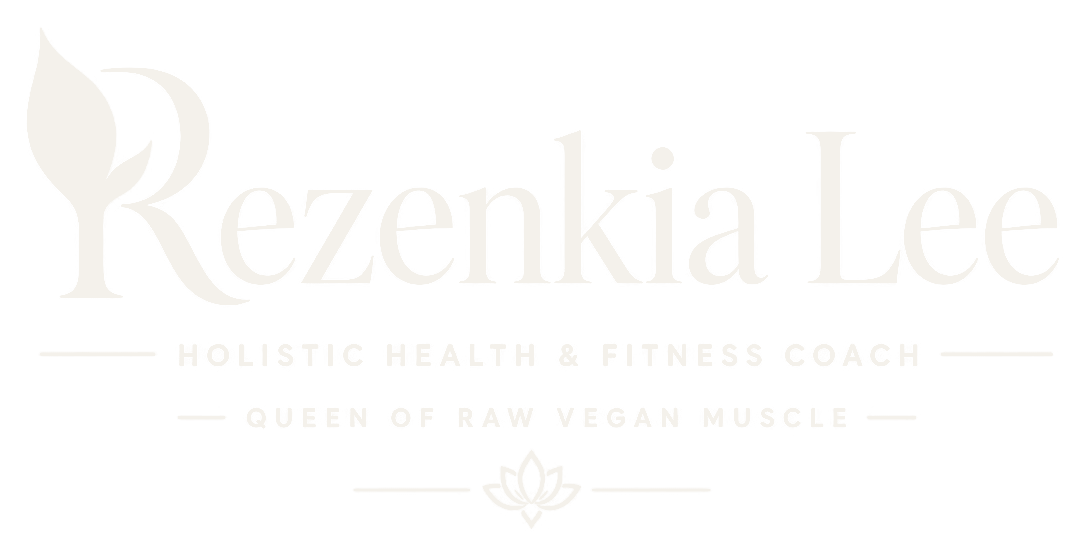 Rezenkia Lee ivory wordmark with Holistic Health and Fitness Coach and Queen of Raw Vegan Muscle lines, on transparency.
