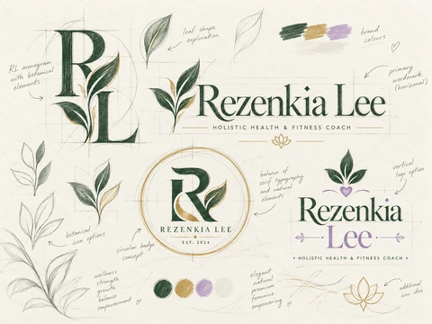 Rezenkia Lee concept exploration board with botanical RL monogram, leaf studies, wordmark options, colors and design notes.