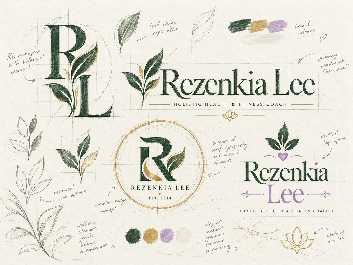 Rezenkia Lee concept exploration board with botanical RL monogram, leaf studies, wordmark options, colors and design notes.