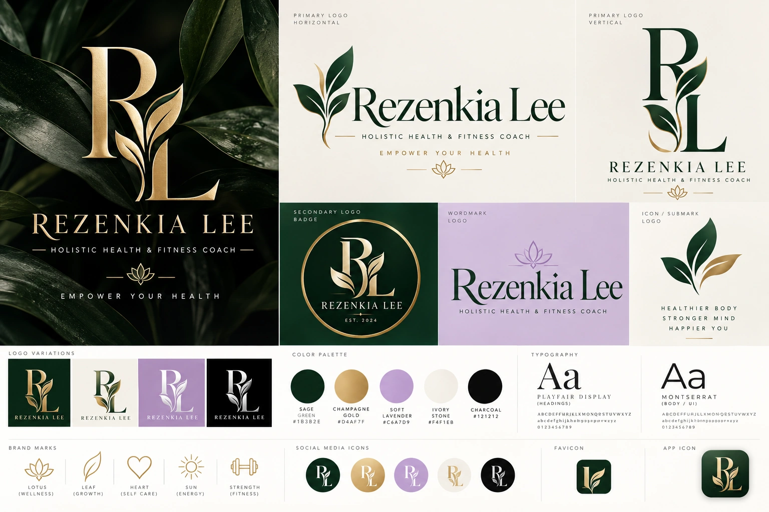 Rezenkia Lee identity system board showing botanical logos, typography, evergreen, gold and lavender colors, and brand applications.