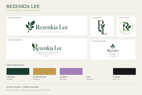 Rezenkia Lee logo overview with primary and secondary wordmarks, RL monogram, circular badge and core brand palette.