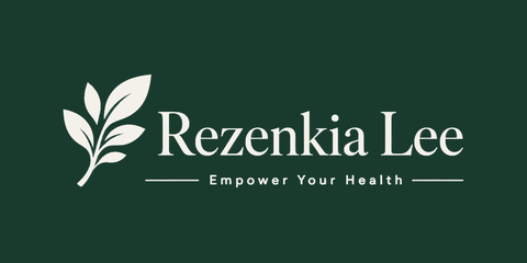 Rezenkia Lee ivory horizontal wordmark with botanical symbol and Empower Your Health tagline on evergreen.