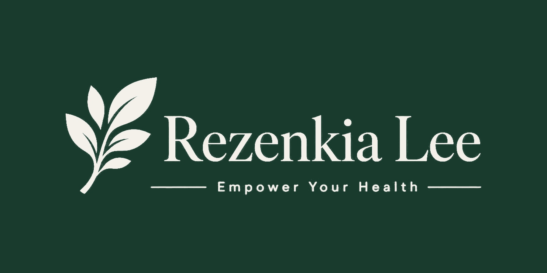Rezenkia Lee ivory horizontal wordmark with botanical symbol and Empower Your Health tagline on evergreen.