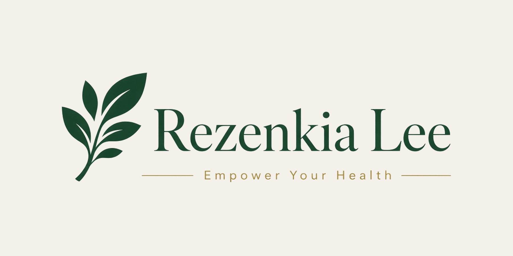 Rezenkia Lee evergreen horizontal logo with botanical symbol and Empower Your Health tagline on ivory.