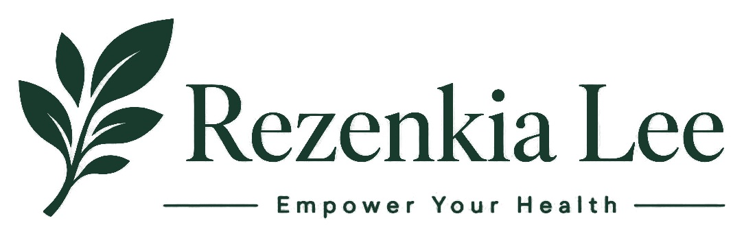 Rezenkia Lee evergreen horizontal wordmark with botanical symbol and Empower Your Health tagline on white.