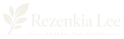 Rezenkia Lee light ivory horizontal wordmark and Empower Your Health tagline on a white background, as supplied.
