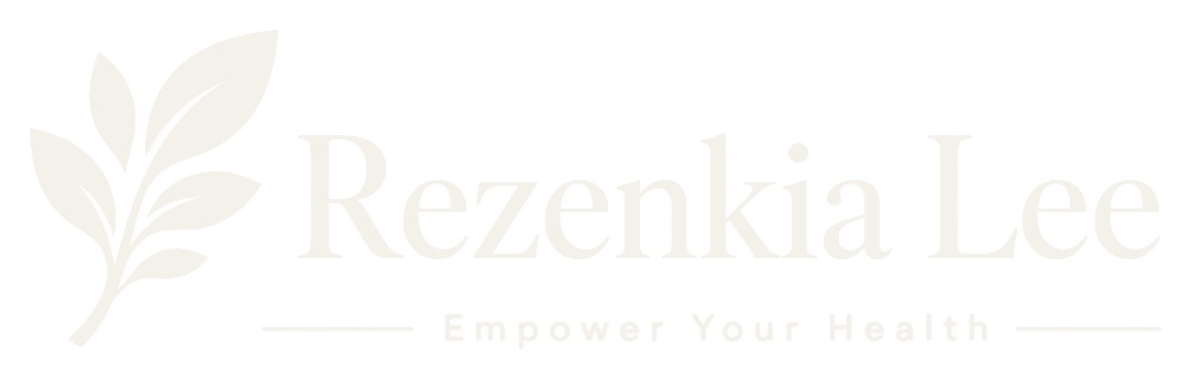 Rezenkia Lee light ivory horizontal wordmark and Empower Your Health tagline on a white background, as supplied.