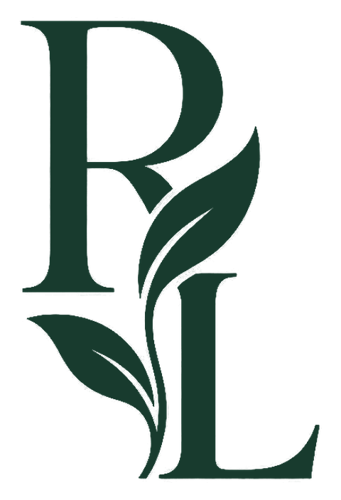 Rezenkia Lee vertical RL monogram with botanical leaves in evergreen on a transparent background.