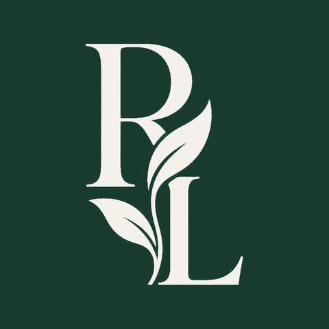 Rezenkia Lee ivory RL botanical monogram centered on an evergreen square.