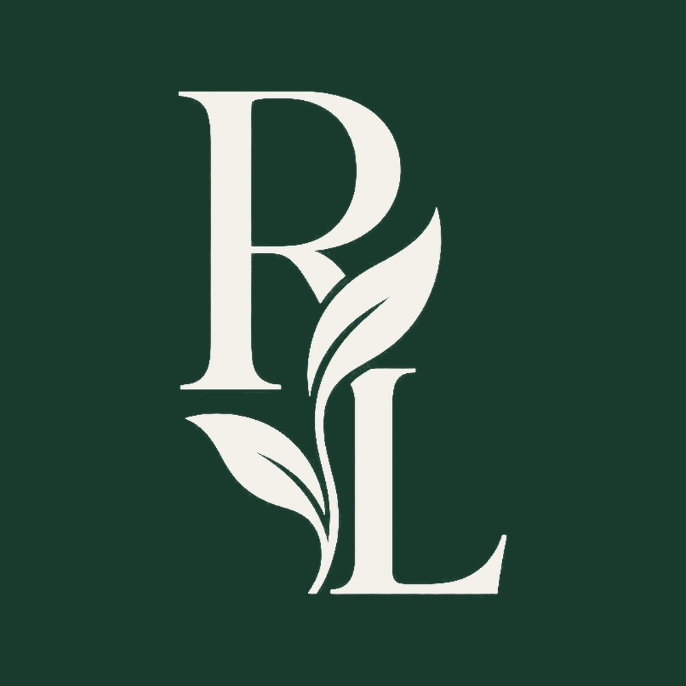 Rezenkia Lee ivory RL botanical monogram centered on an evergreen square.