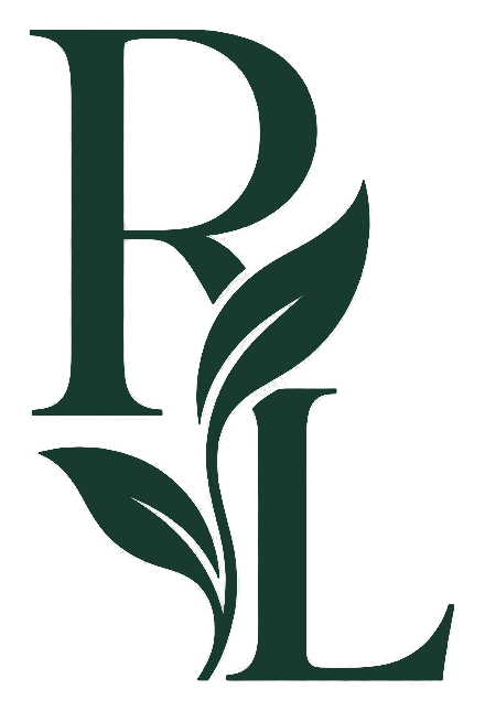 Rezenkia Lee vertical RL monogram with botanical leaves in evergreen on a transparent background.