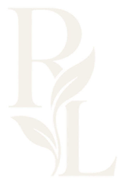 Rezenkia Lee vertical RL monogram with botanical leaves in ivory on a transparent background.