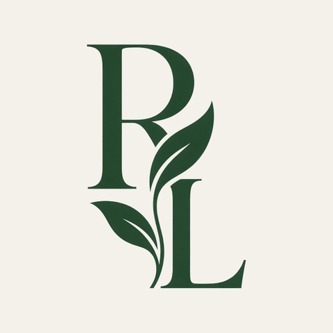 Rezenkia Lee evergreen RL botanical monogram centered on an ivory square.