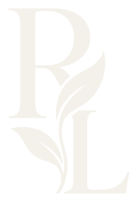 Rezenkia Lee vertical RL monogram with botanical leaves in ivory on a transparent background.