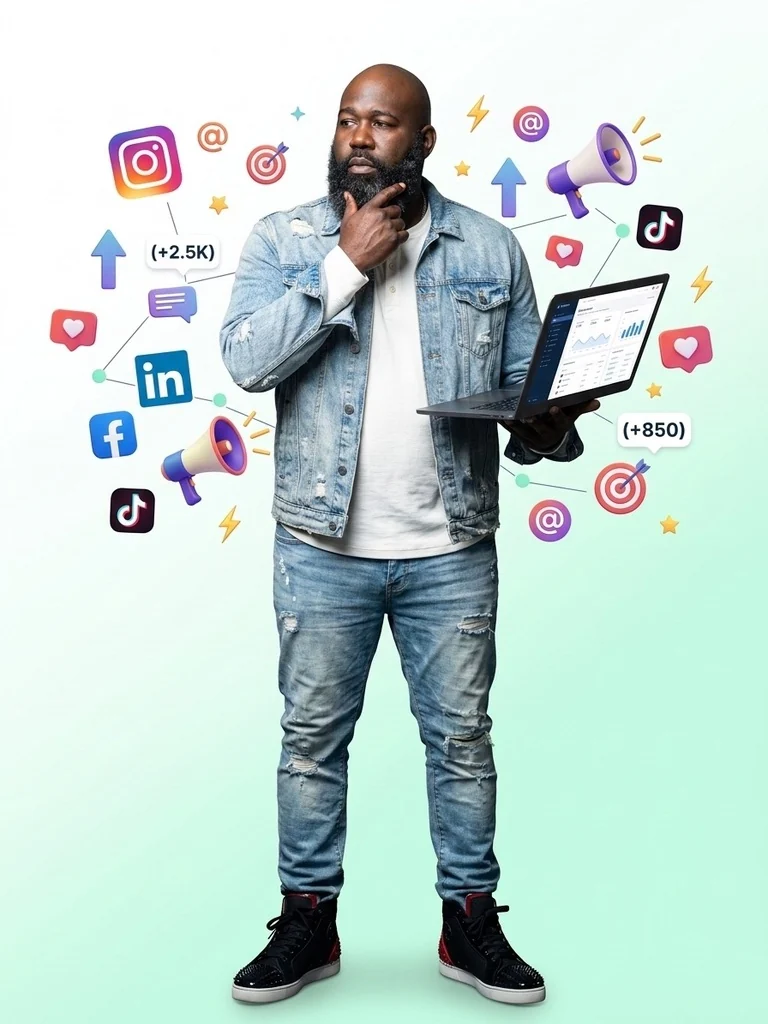Full-length composite portrait of Gabriel holding a laptop among social-media symbols and illustrated charts.