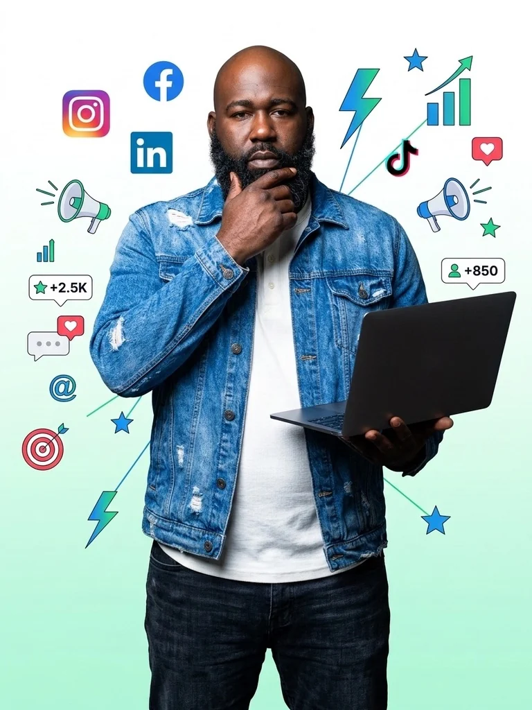 Composite portrait of Gabriel holding a laptop surrounded by colorful social-media and communication graphics.