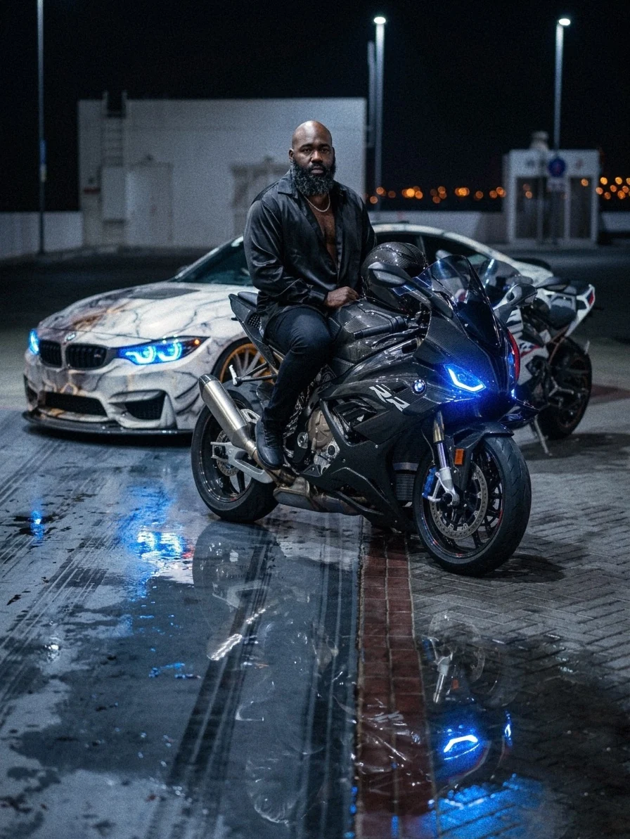 Gabriel seated on a motorcycle at night with a car behind him and blue light reflected on wet pavement.