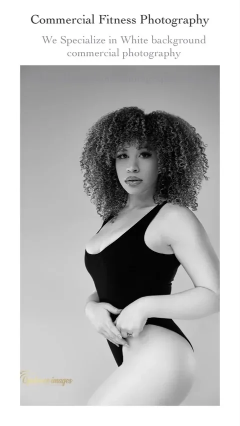 Commercial photography promotional layout featuring a black and white studio portrait