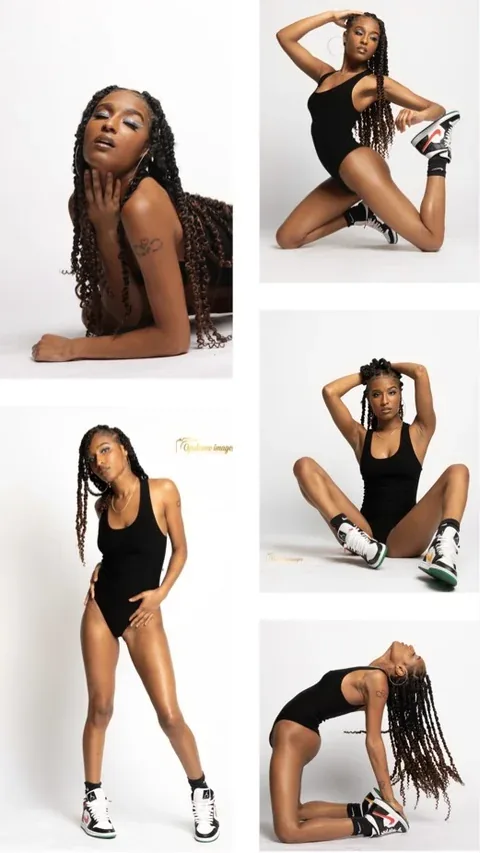 Five color studio portraits arranged as a movement contact sheet