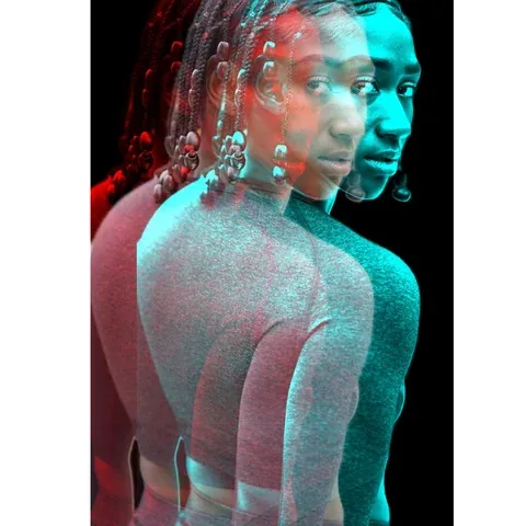 Layered portrait in red and cyan