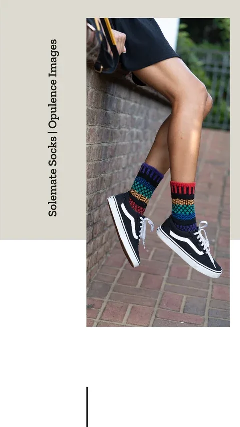 Editorial layout featuring patterned socks and sneakers