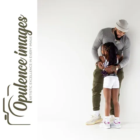 Adult and child sharing a candid moment in a branded photography layout