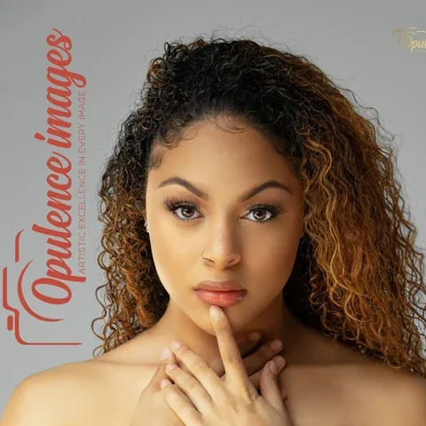 Close-up beauty portrait with Opulence Images branding