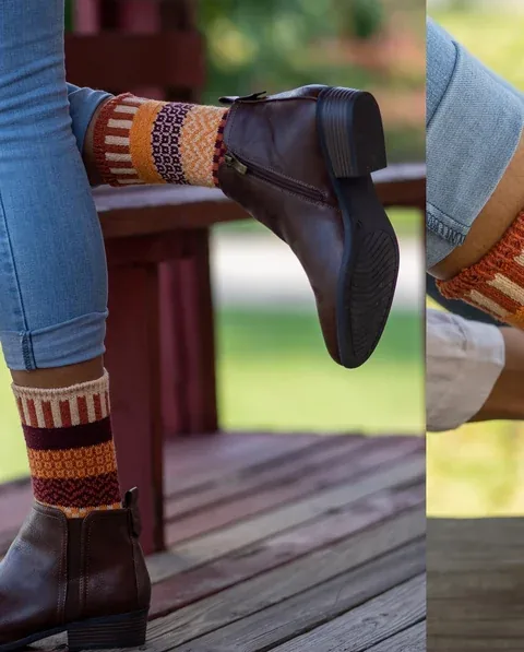 Diptych of patterned socks, boots, and denim