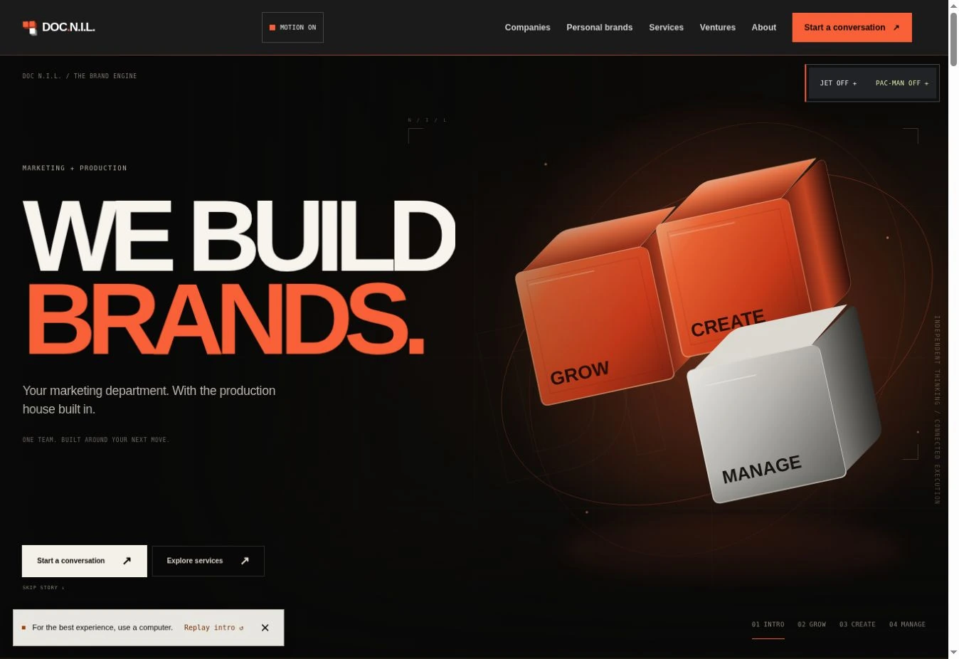The DOC N.I.L. website, presenting its strategy, creative production and brand management services.