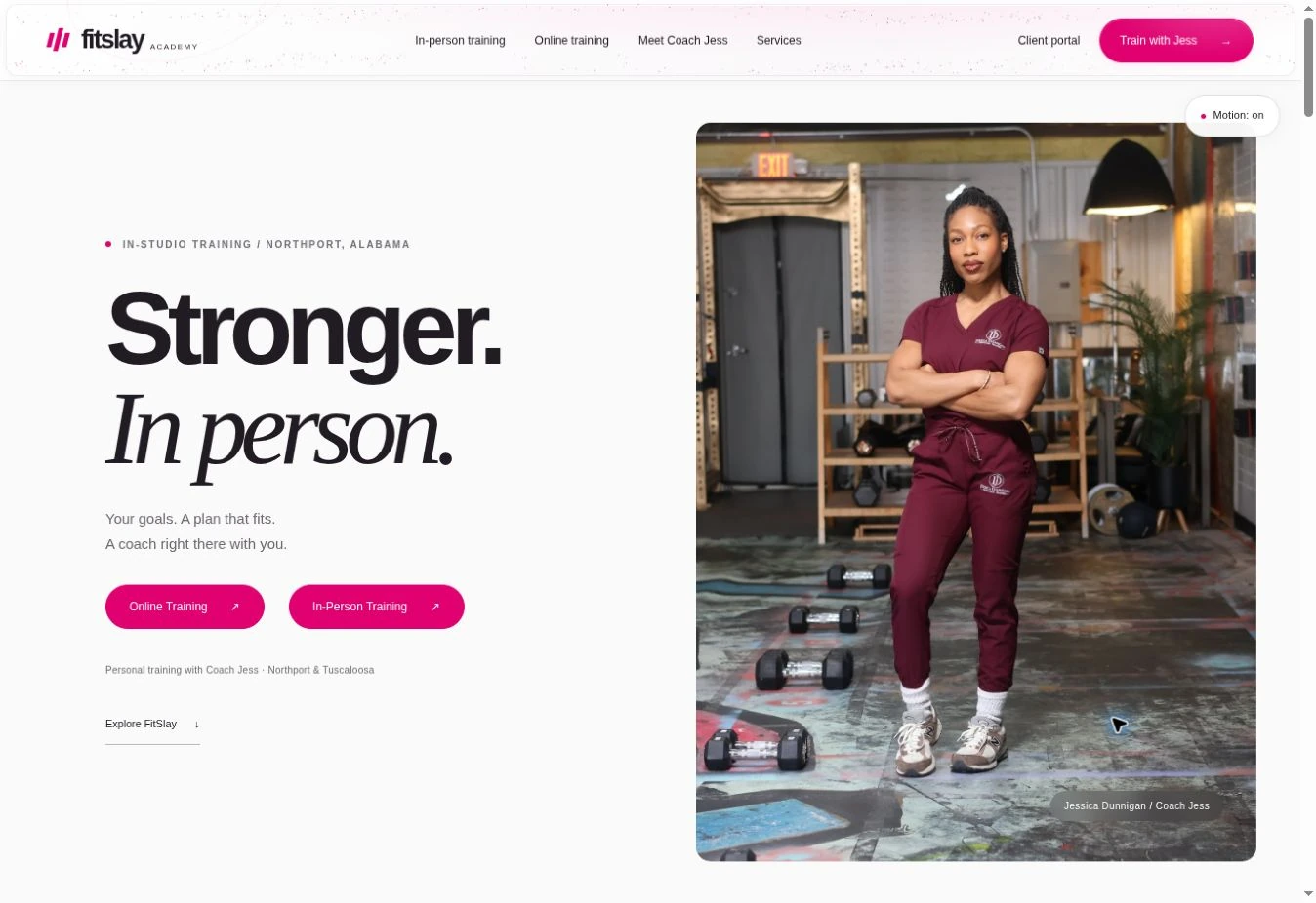 The FitSlay personal training website for Northport and Tuscaloosa, introducing the studio, Coach Jess and training options.