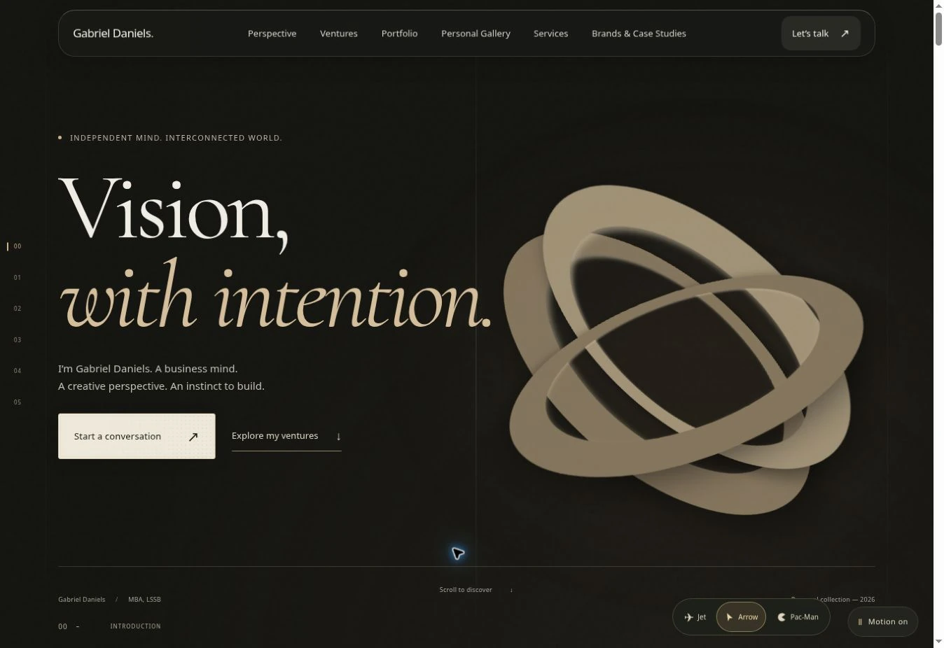 Gabriel Daniels’ personal website with its Vision, with intention presentation and dimensional particle artwork.